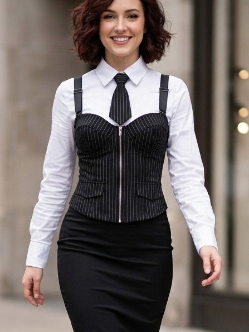 Modern Executive Pinstripe Corset Top – Suspender Straps & Matching Neckwear